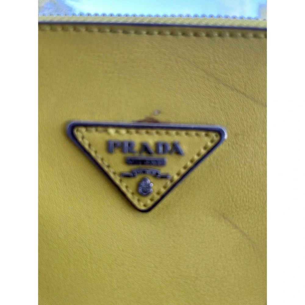 Prada Vitello Daino Yellow Leather Double Zip Tote Satchel Handbag